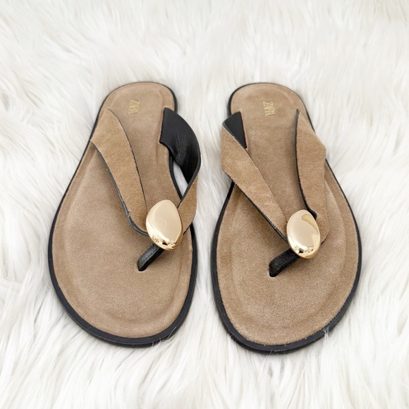 Zara split suede sandals with toe post+metal embellishment 38 - Picture 5 of 8